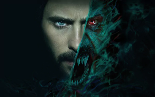 Close-up 8K Ultra HD wallpaper of Jared Leto as Morbius, featuring a split face with half human and half monstrous vampire transformation.
