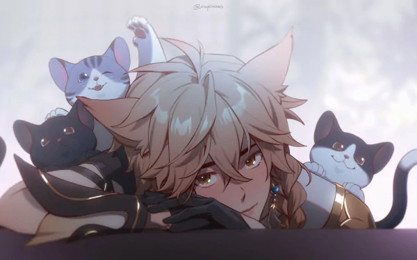 HD PC desktop wallpaper featuring Aether from Genshin Impact surrounded by playful cats, blending video game art with a soft, cozy atmosphere.
