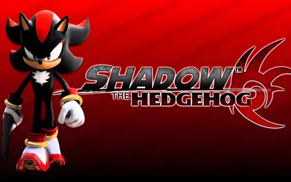 4K Ultra HD PC wallpaper featuring Shadow the Hedgehog holding a gun against a bold red background with the game's logo prominently displayed.