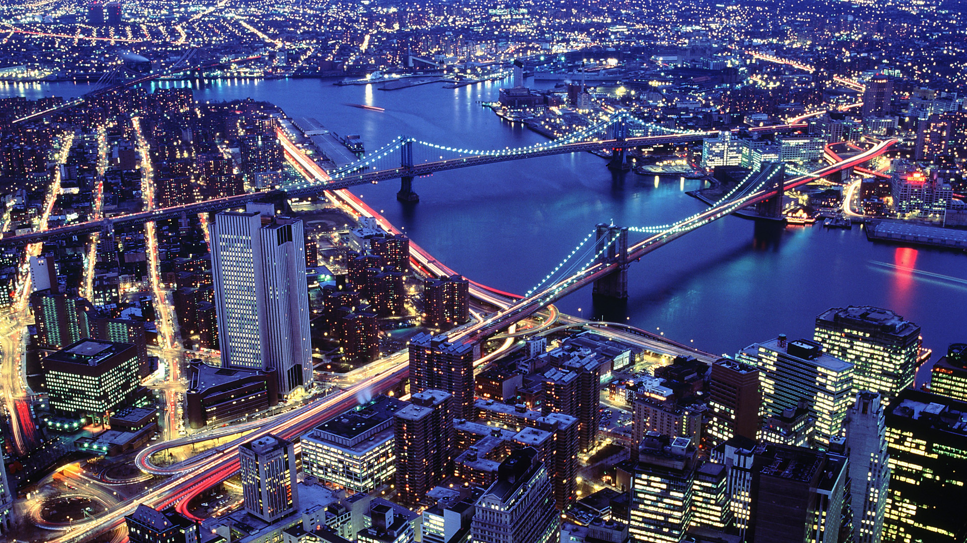 Iconic view of Manhattan and Brooklyn bridges in New York City