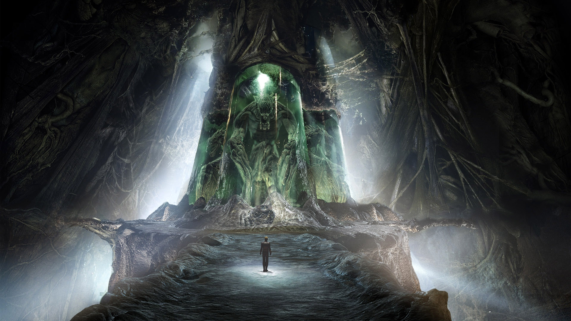 Dark master, a menacing green monster lurking in a mysterious cave. #DesktopWallpaper
