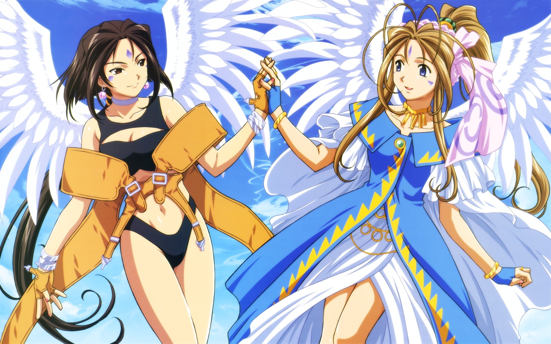 Belldandy and Peorth, two anime goddesses with wings, radiating divine beauty.