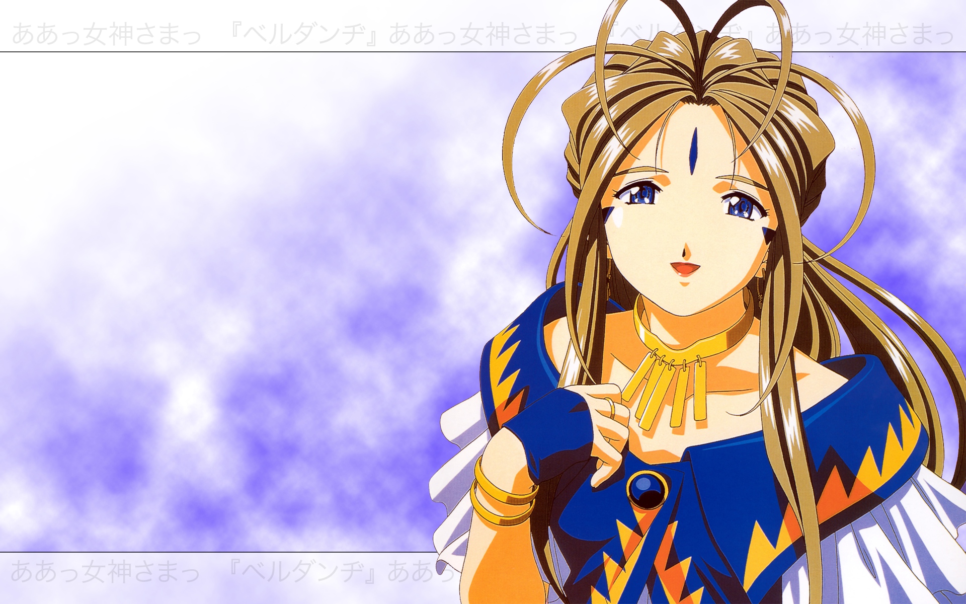 Belldandy, the beloved character from Ah! My Goddess, graces this anime-themed desktop wallpaper.