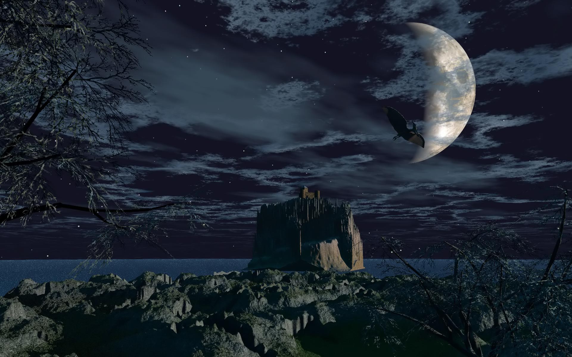 Enchanting castle amidst a surreal fantasy landscape.