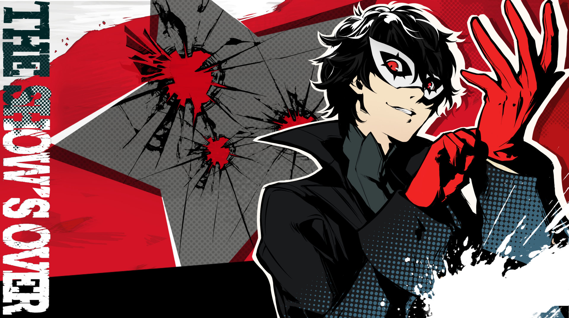 HD PC desktop wallpaper featuring Joker (Akira Kurusu) from Persona 5 Royal in a dynamic pose with a shattered star backdrop and bold red, black, and white colors.