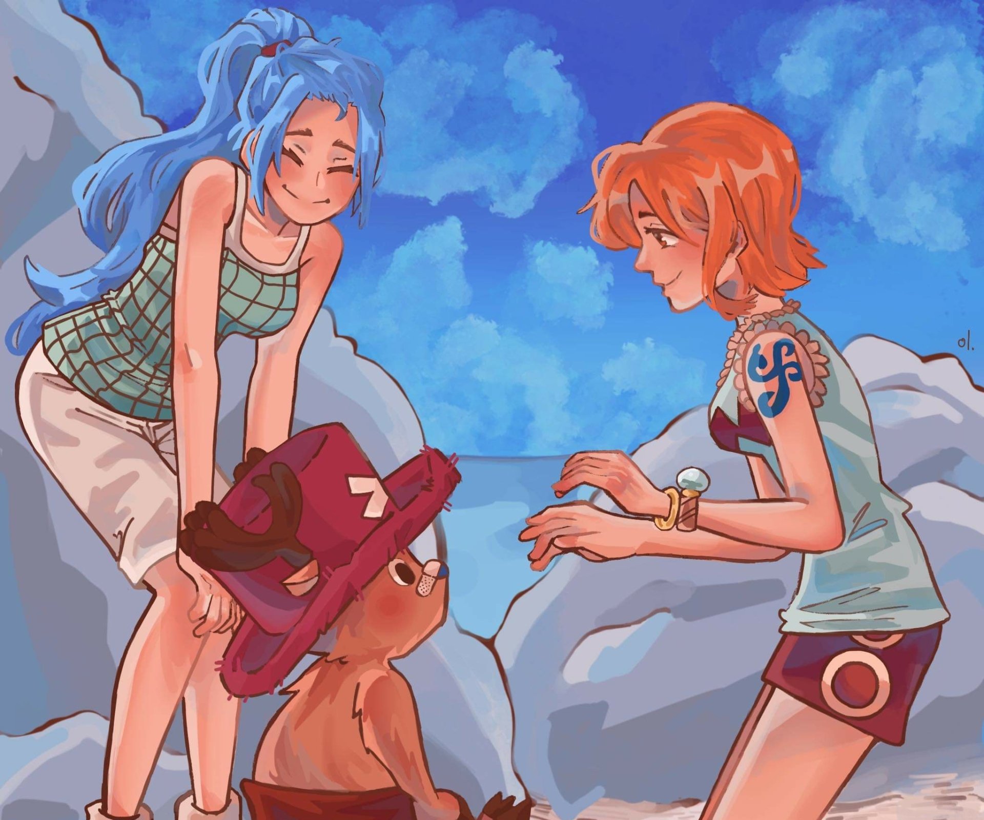 HD PC anime wallpaper of Nami (One Piece) and crewmates with Chopper chatting on sunlit rocks under a vivid blue sky — One Piece background.