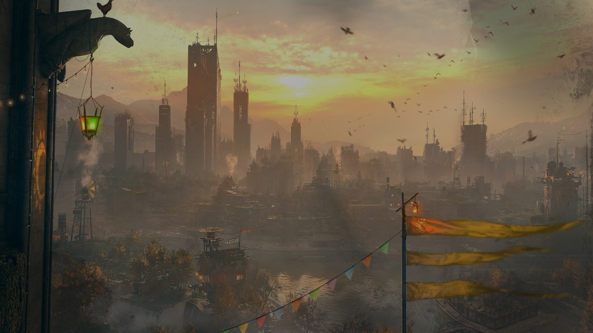 Dying Light 2: Stay Human video game 2K Quad HD PC desktop wallpaper and background — sunset over a ruined city skyline with towering structures, fluttering flags, birds and misty streets.