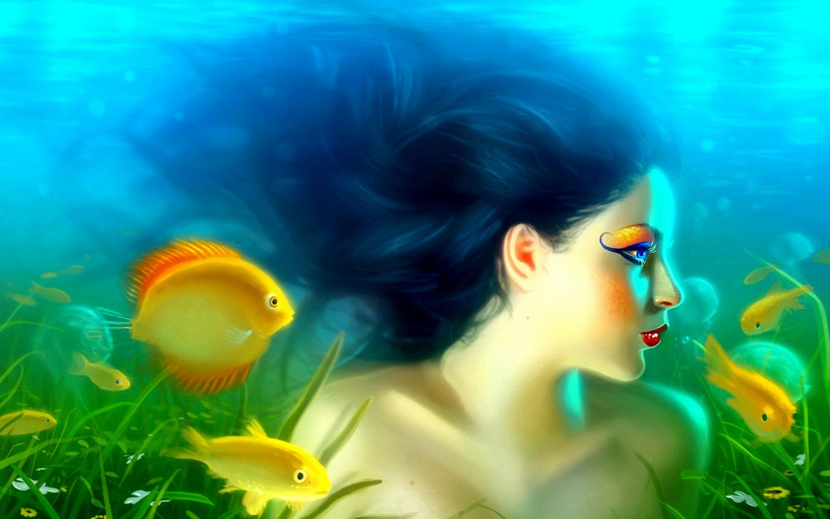 HD fantasy desktop wallpaper featuring a woman with vibrant makeup, submerged underwater with flowing hair, surrounded by colorful fish and aquatic plants.