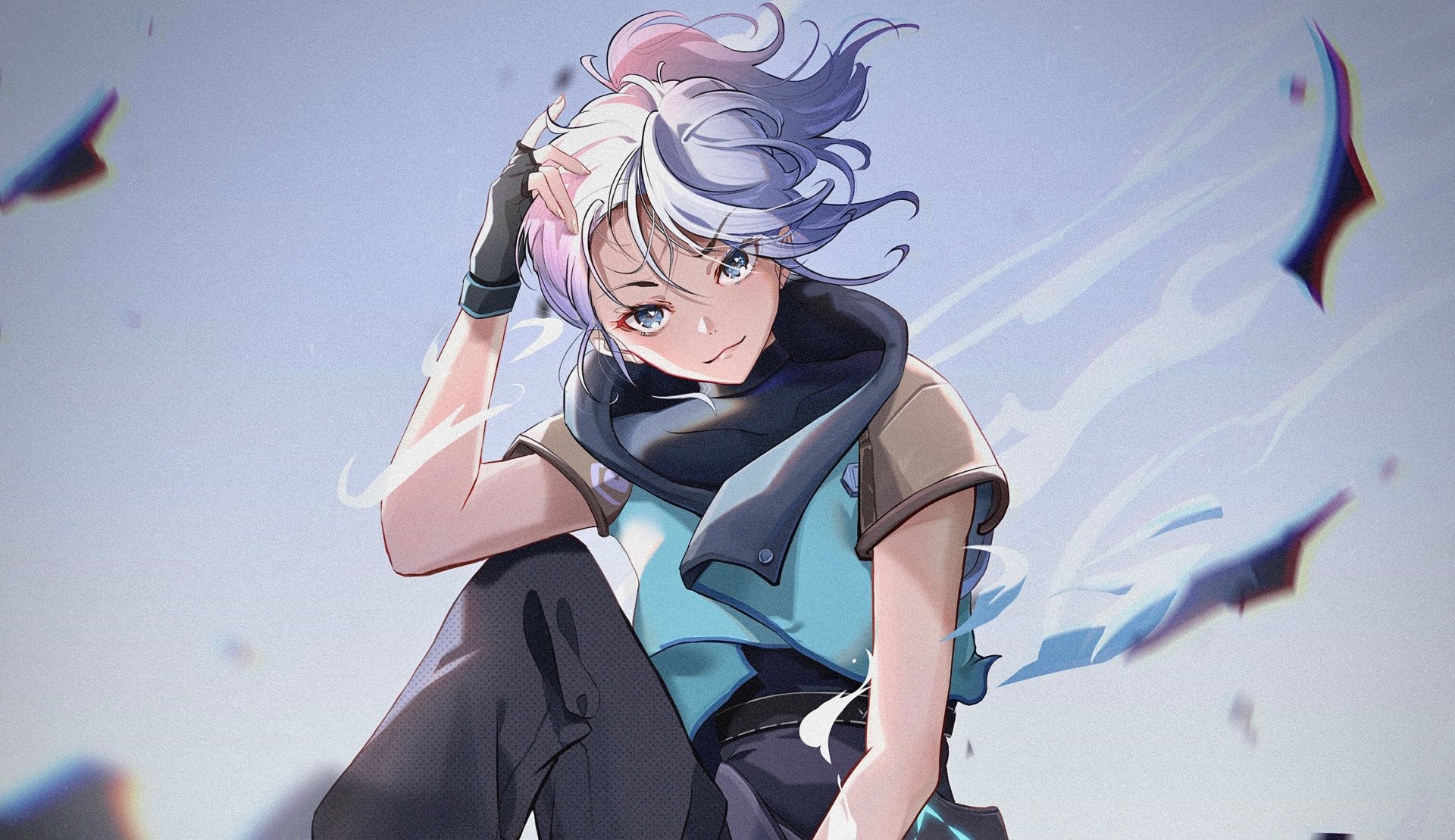 HD PC desktop wallpaper featuring Jett, a character from the video game Valorant, with a dynamic pose and flowing scarf against a light background.