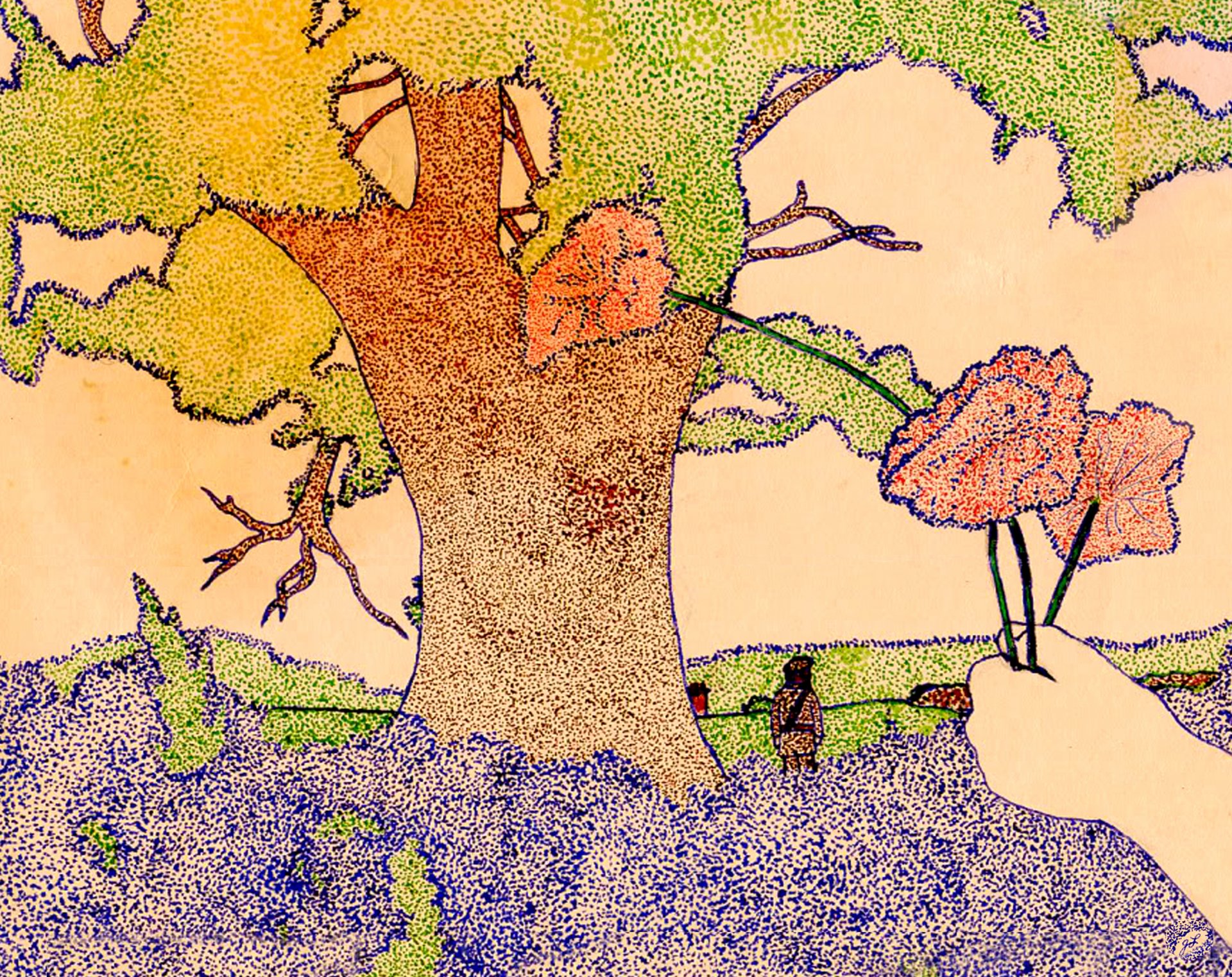 HD PC desktop wallpaper featuring a stipple art style tree with vibrant colors, inspired by Pink Floyd's artistic music themes.