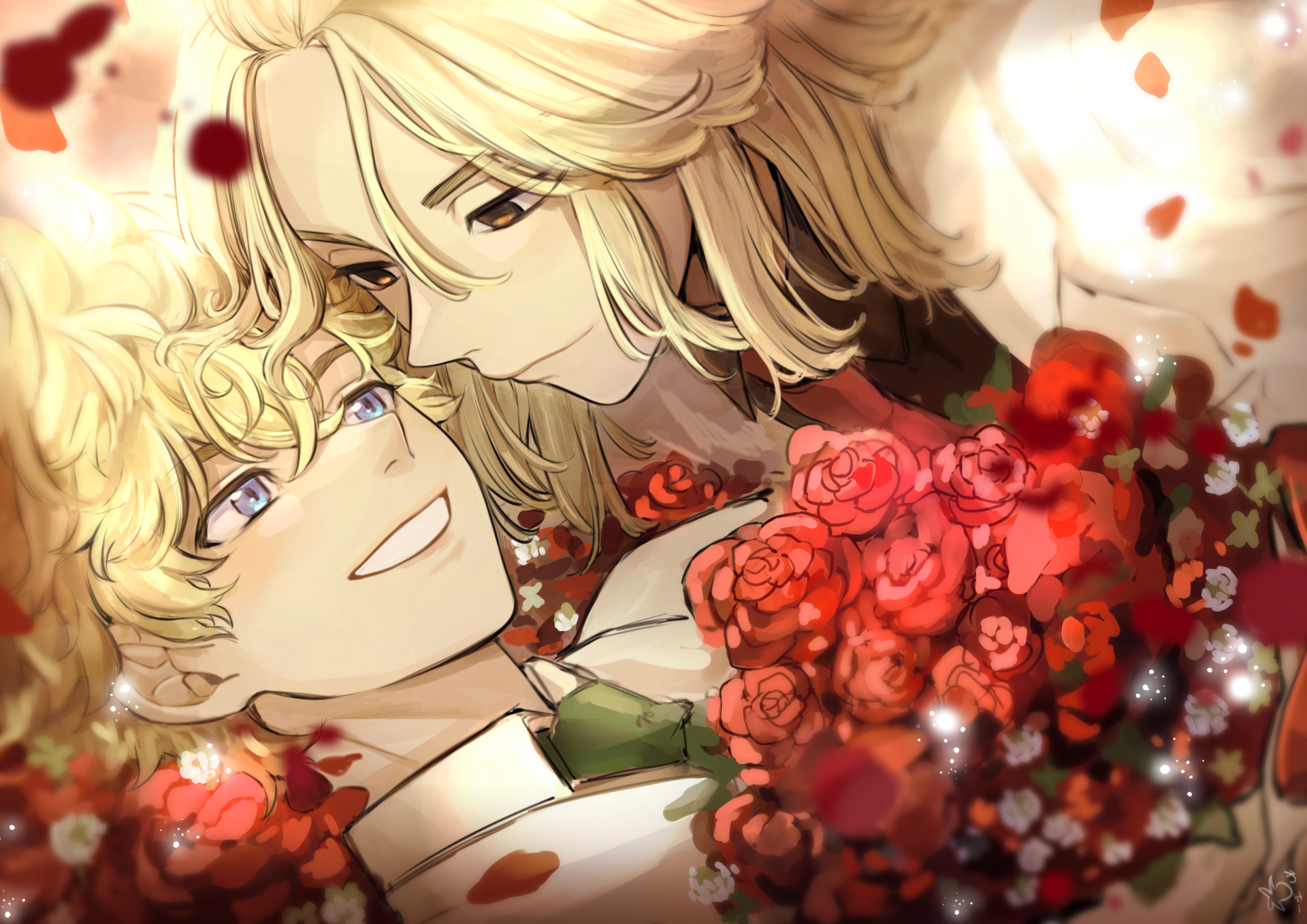 4K Ultra HD anime wallpaper featuring Mikey Manjiro Sano and Chifuyu Matsuno from Tokyo Revengers surrounded by glowing red roses and soft light effects.