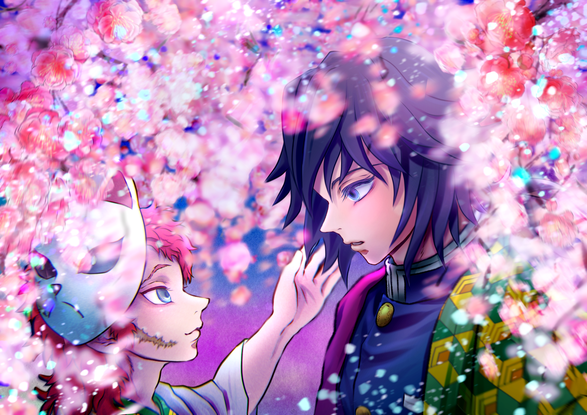 Giyuu Tomioka from Demon Slayer: Kimetsu no Yaiba beneath a shower of cherry blossoms, reaching toward a masked companion — 4K Ultra HD PC anime desktop wallpaper.
