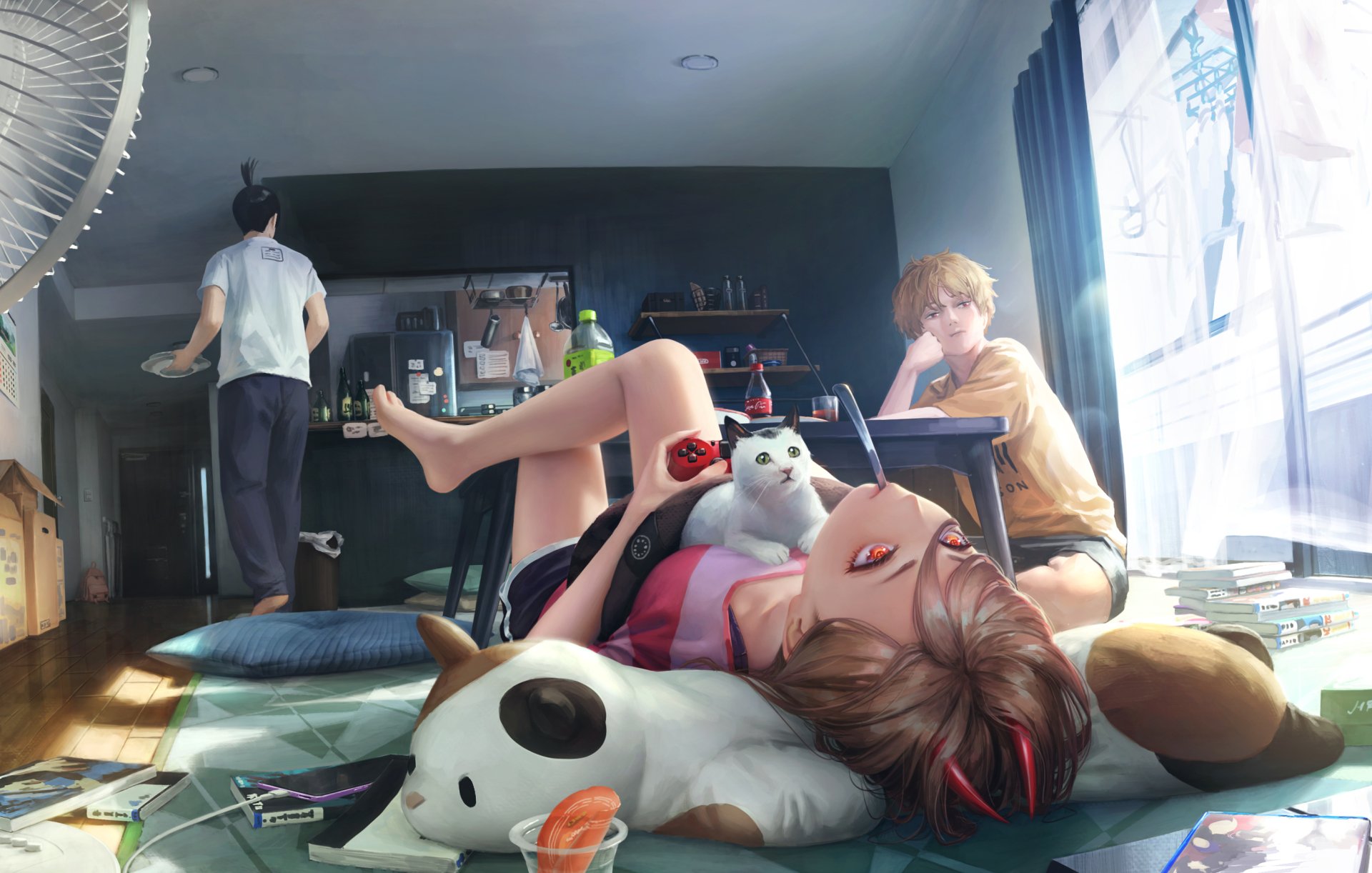 HD desktop wallpaper featuring characters Aki Hayakawa, Denji, and Power from the anime Chainsaw Man. Power is lounging with a cat, Denji is seated by the window, and Aki is in the background preparing food.