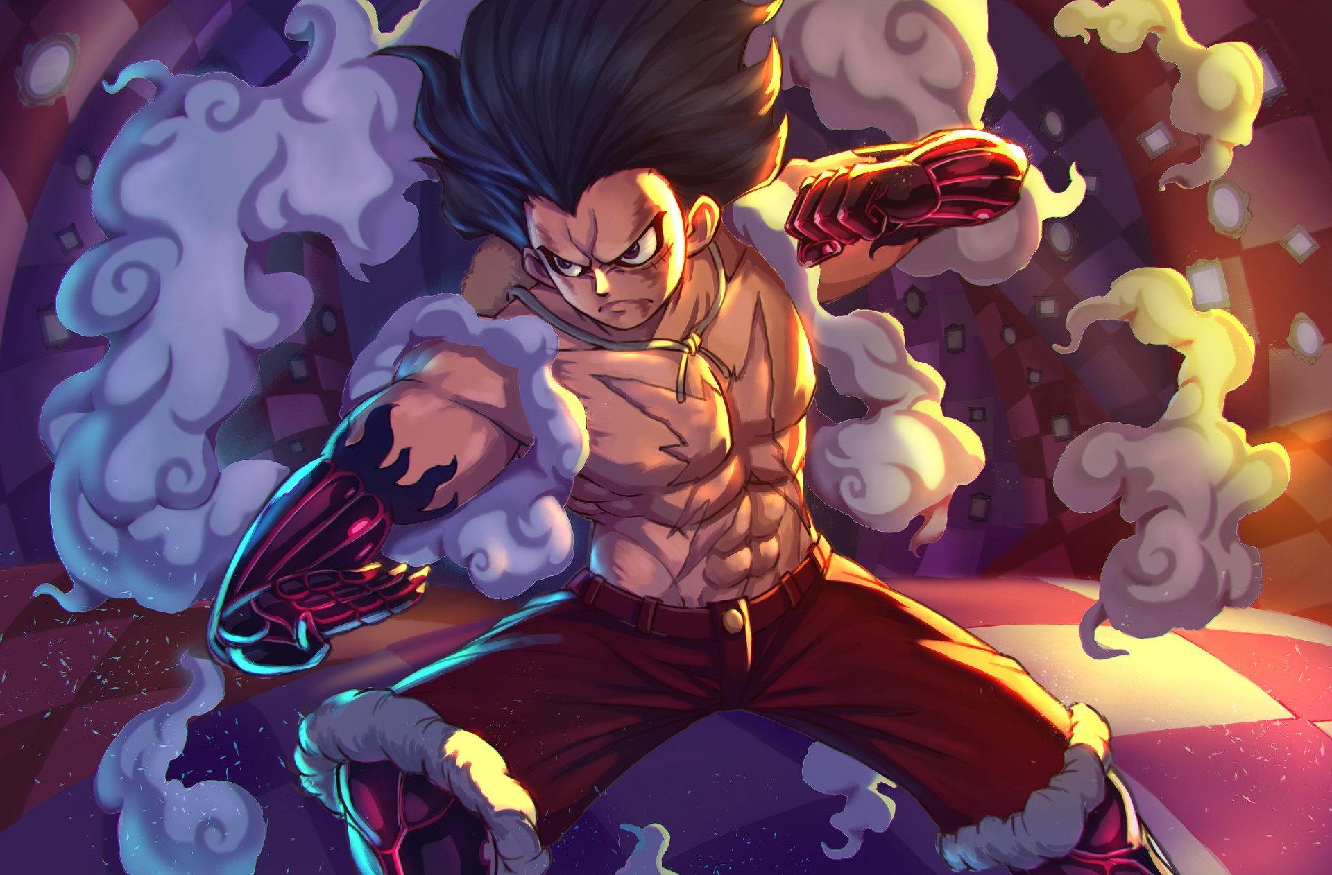 HD anime desktop wallpaper featuring Monkey D. Luffy in Gear Fourth form from One Piece, showcasing intense energy and dynamic action with vivid colors and dramatic lighting.