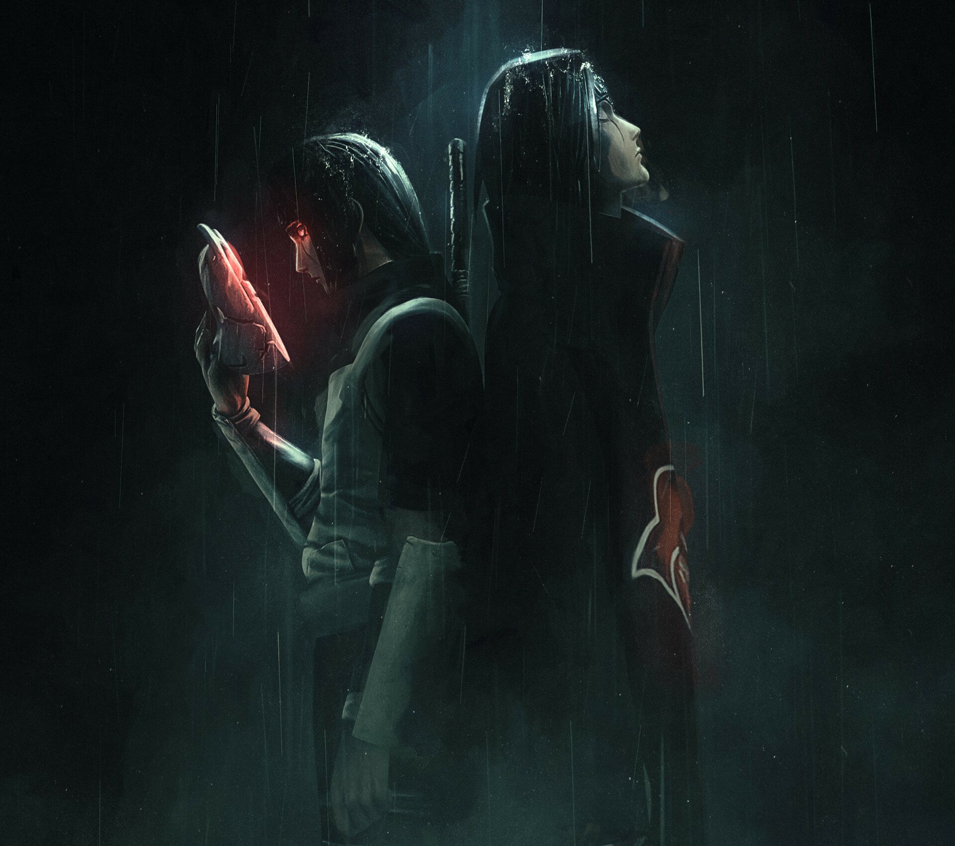 HD PC desktop wallpaper featuring Itachi Uchiha from Naruto, showing him with intense red eyes and Akatsuki cloak in a dark, moody atmosphere.