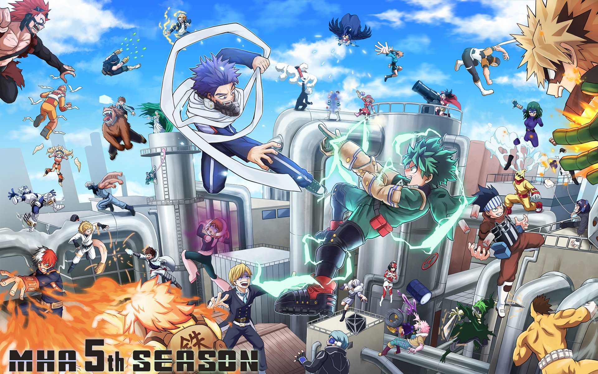 HD PC desktop wallpaper featuring vibrant action scenes from the anime My Hero Academia’s 5th season with characters in dynamic poses against a bright sky background.