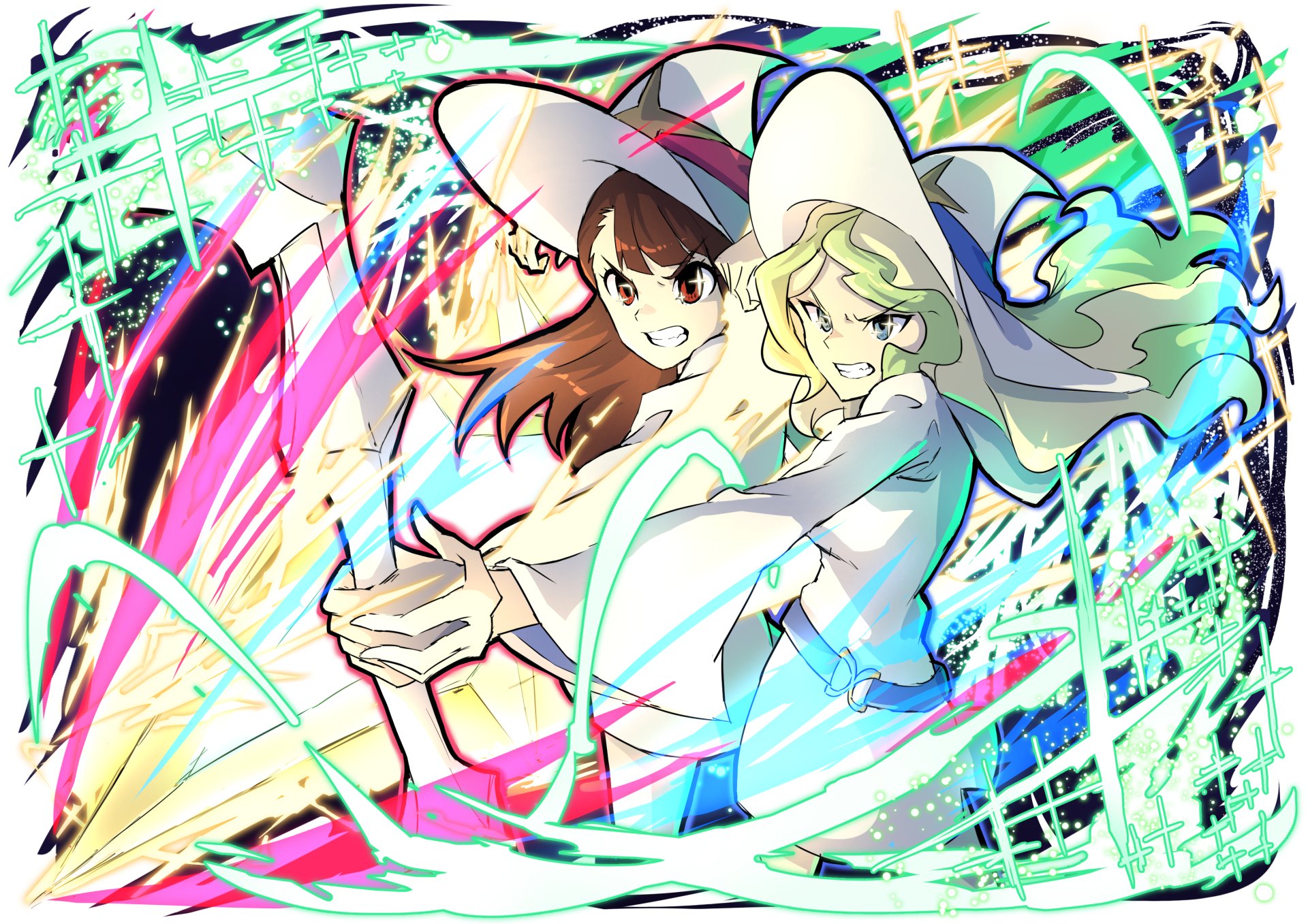 HD anime desktop wallpaper featuring Atsuko Kagari and Diana Cavendish from Little Witch Academia in dynamic magical action.