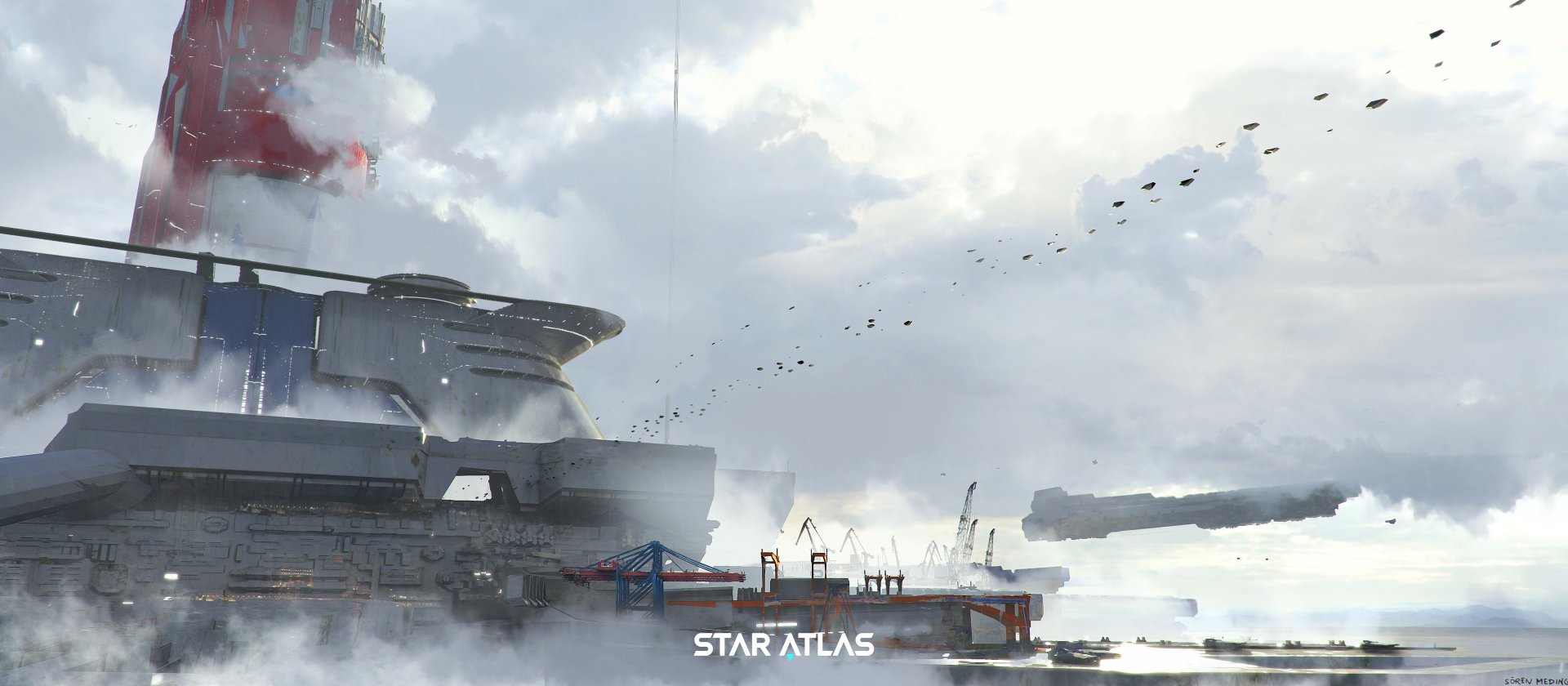 HD desktop wallpaper featuring a Star Atlas futuristic spaceship dock with cloudy sky background.