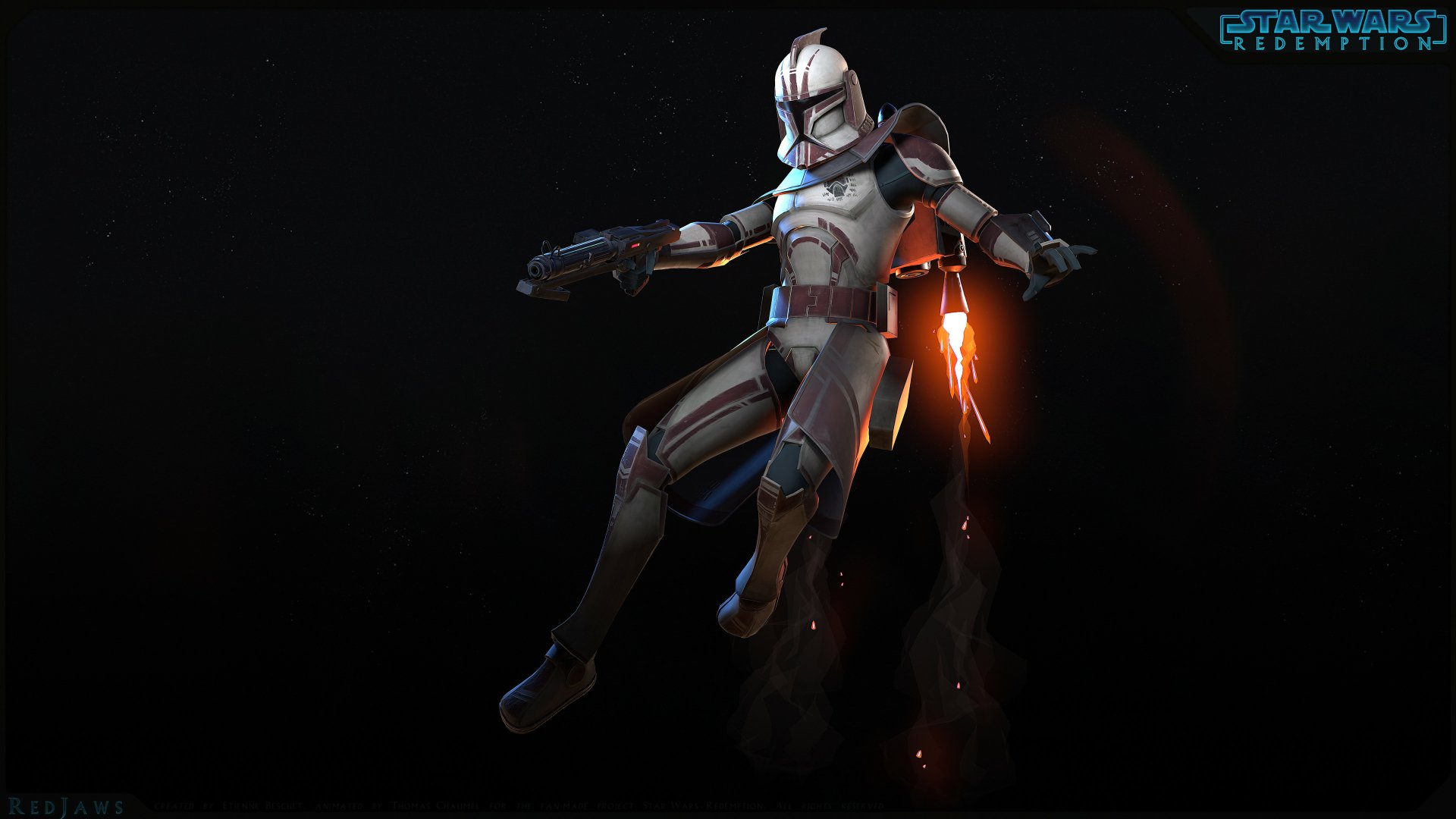 A dynamic HD desktop wallpaper featuring a clone trooper from the video game Star Wars - Redemption, showcasing action with blaster fire and a dramatic background.