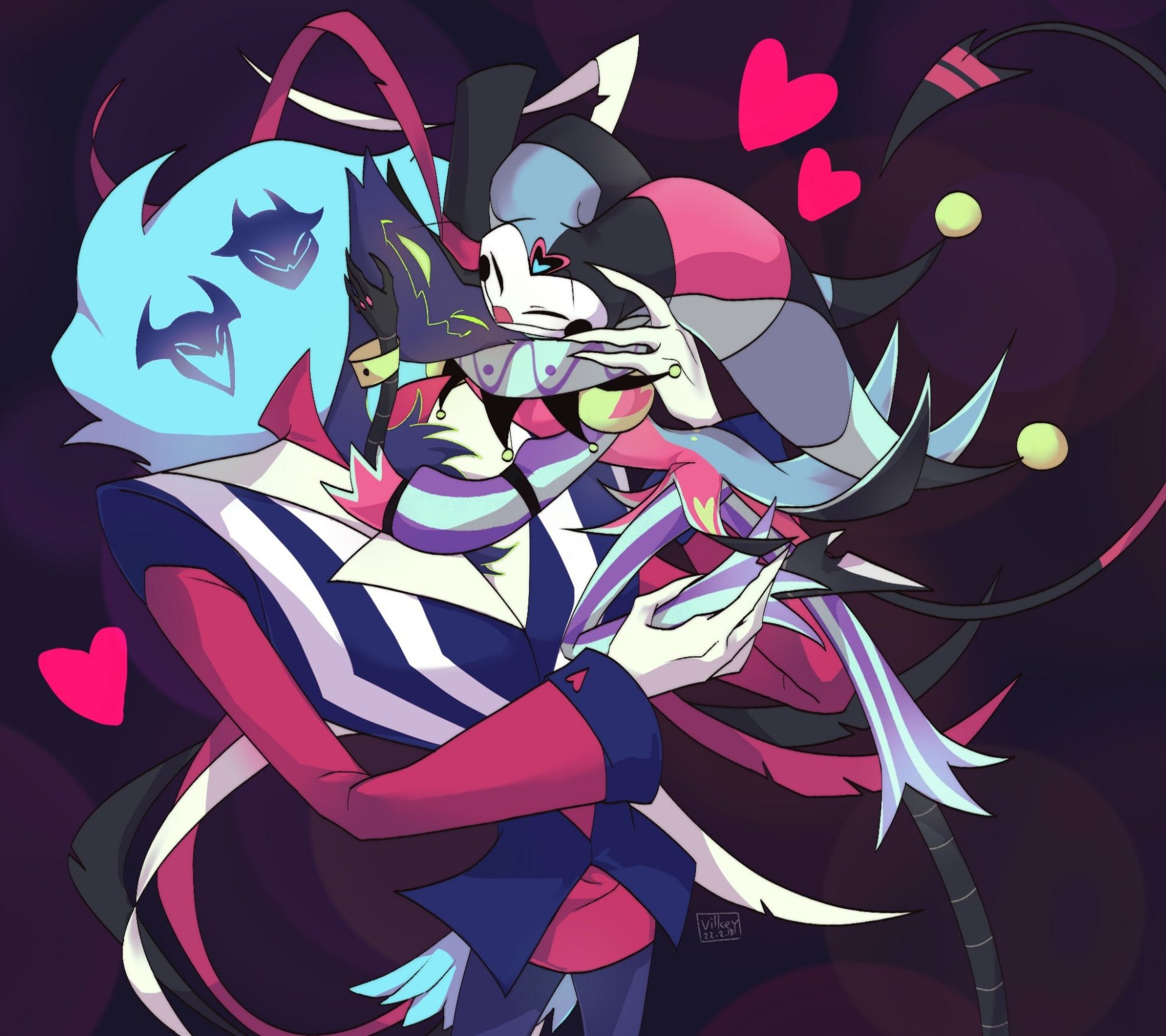 HD PC desktop wallpaper featuring Fizzarolli and Asmodeus from the TV show Helluva Boss in a vibrant, dynamic embrace surrounded by heart symbols.