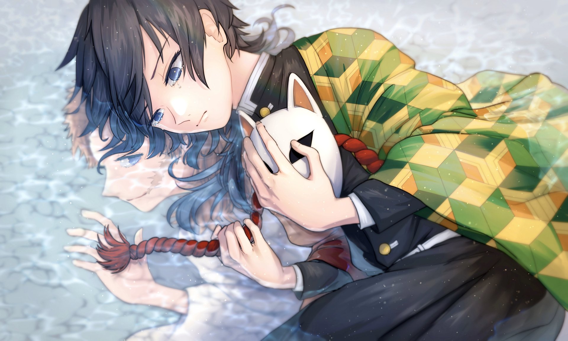 5K Ultra HD wallpaper: Sabito and Giyuu Tomioka (Demon Slayer) — Giyuu lies in snow clutching Sabito's fox mask and braided hair, soft blue and green tones.