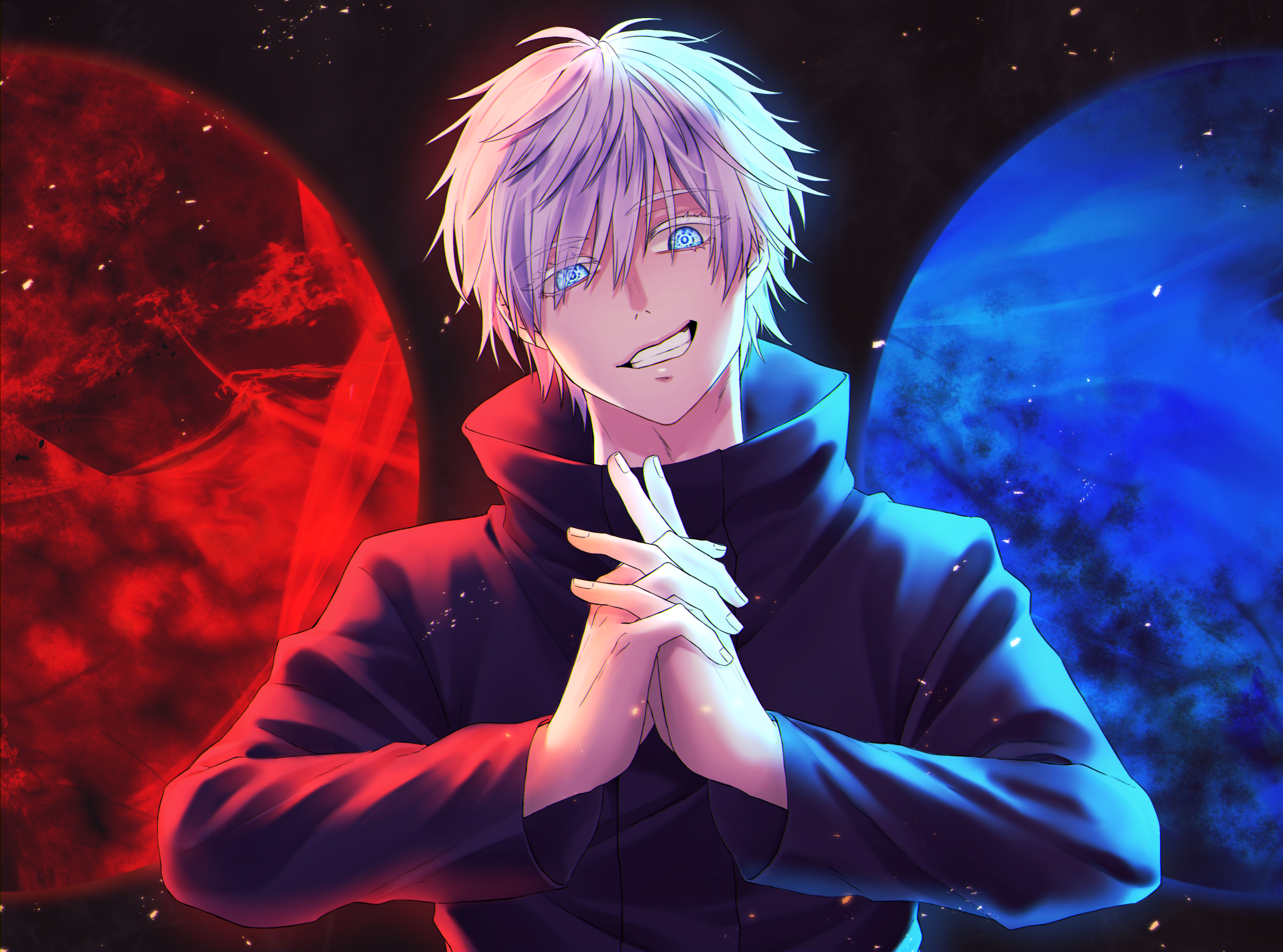Satoru Gojo from Jujutsu Kaisen depicted in vibrant 4K Ultra HD, with striking red and blue celestial backgrounds enhancing this dynamic anime PC wallpaper.