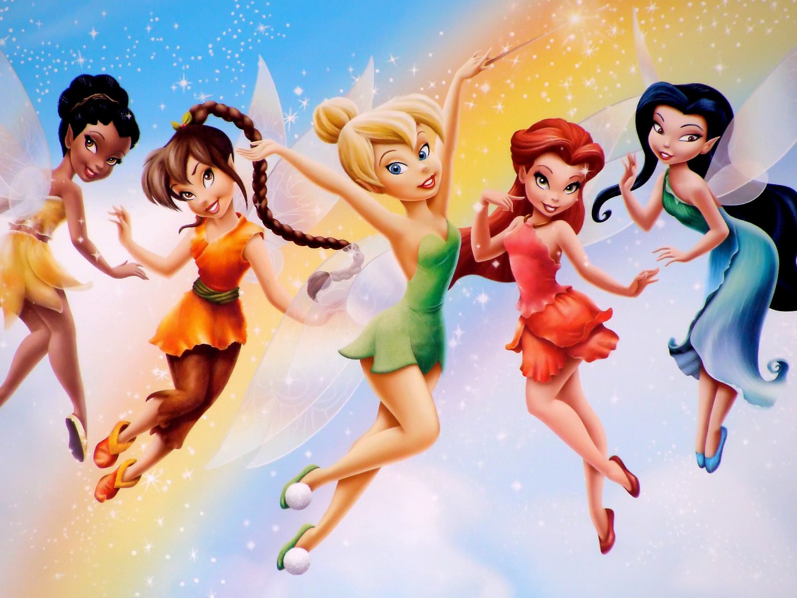 HD PC desktop wallpaper featuring Tinker Bell and her fairy friends from the movie, set against a sparkling, colorful background.
