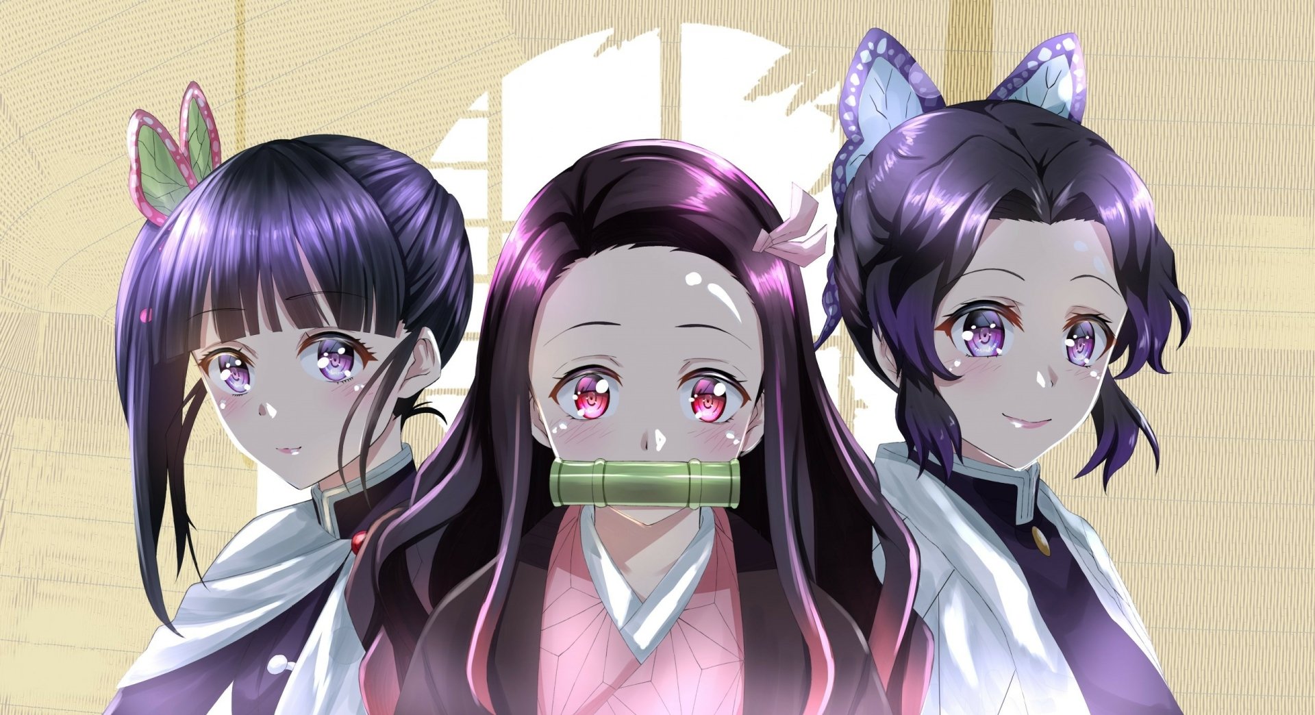 HD PC desktop wallpaper and background of Nezuko Kamado, Kanao Tsuyuri, and Shinobu Kochou from Demon Slayer: Kimetsu no Yaiba — anime art with soft lighting and pastel tones.