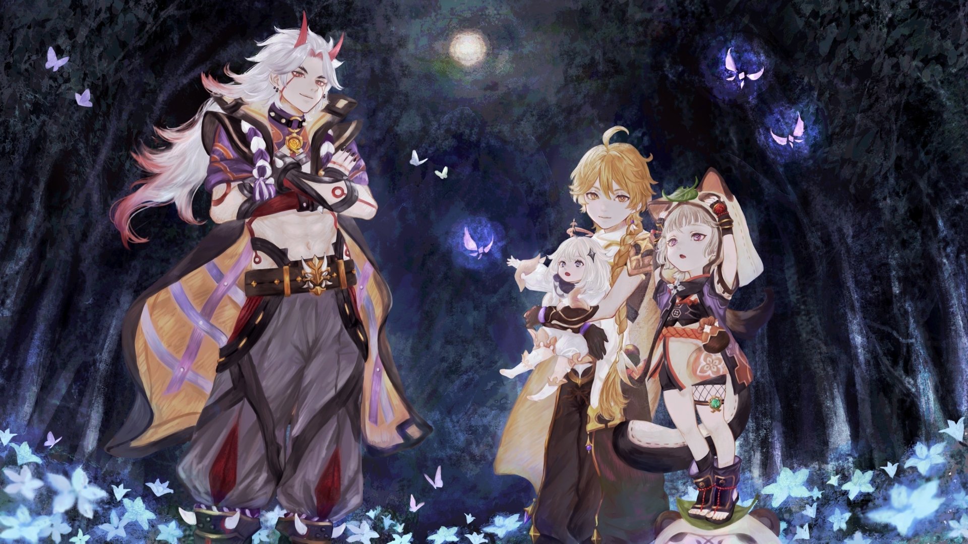 HD PC desktop wallpaper featuring Sayu, Paimon, Arataki Itto, and Aether from the video game Genshin Impact in a mystical forest setting under a full moon.