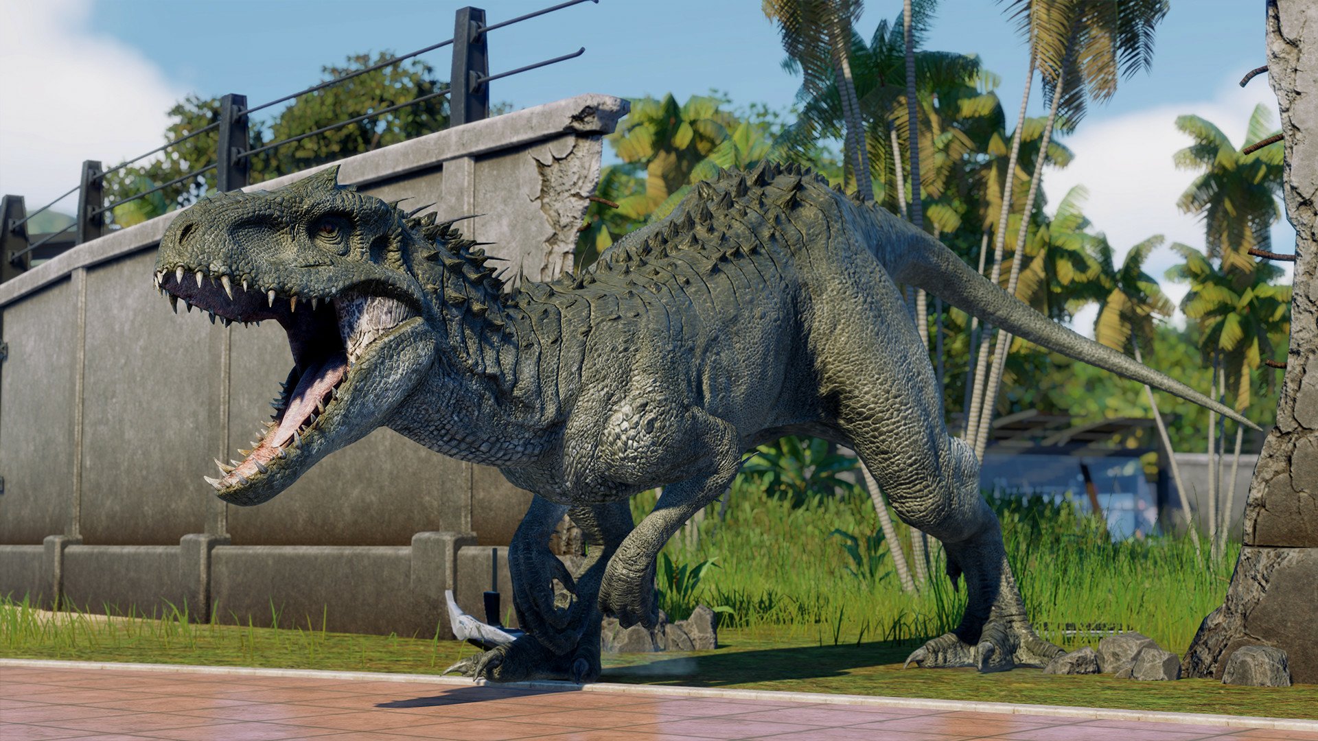 HD PC desktop wallpaper from the video game Jurassic World Evolution 2 featuring a roaring dinosaur in a lush, fenced environment.