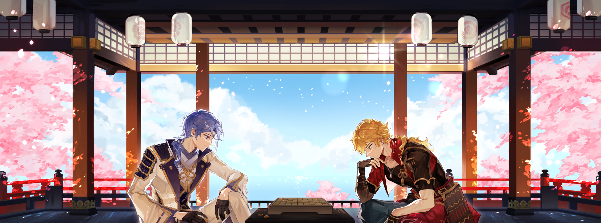 4K Ultra HD PC wallpaper featuring Genshin Impact characters Thoma and Kamisato Ayato sitting opposite each other by a window with blue skies and lanterns above.