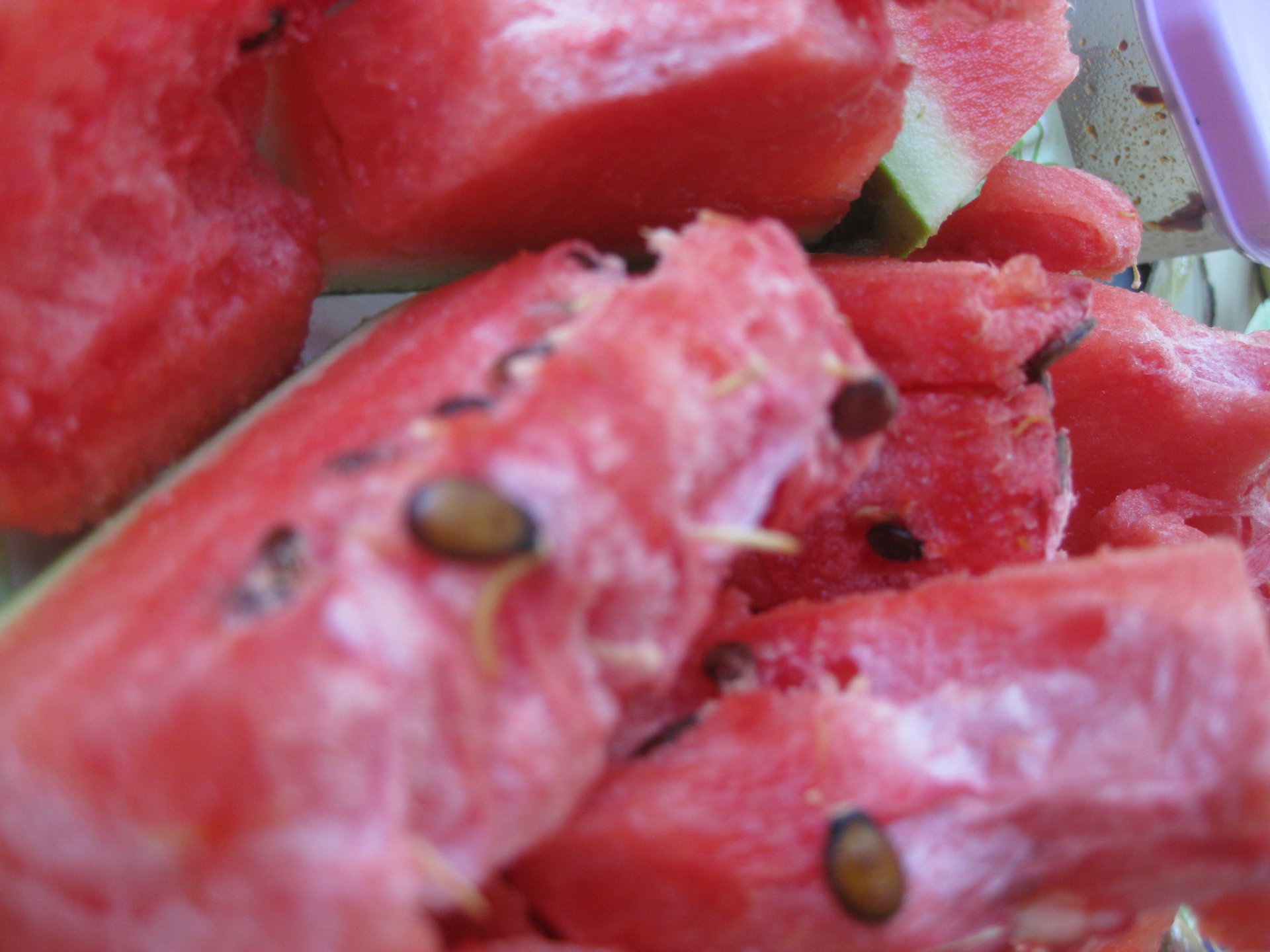 Close-up of juicy watermelon slices with black seeds and green rind, vibrant red food — 2K Quad HD PC desktop wallpaper and background.