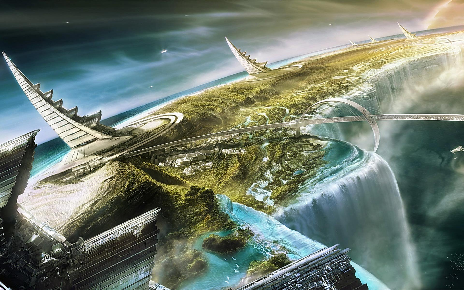 A detailed fantasy artwork of a floating island with towering structures and cascading waterfalls, designed as an HD PC desktop wallpaper background.
