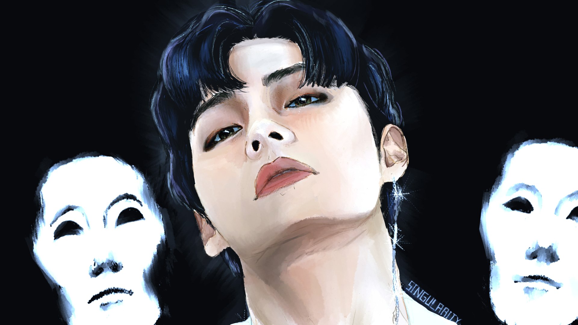 4K Ultra HD desktop wallpaper: stylized portrait of a Korean music idol, close-up with chin raised against a dark backdrop, flanked by two pale theatrical masks.