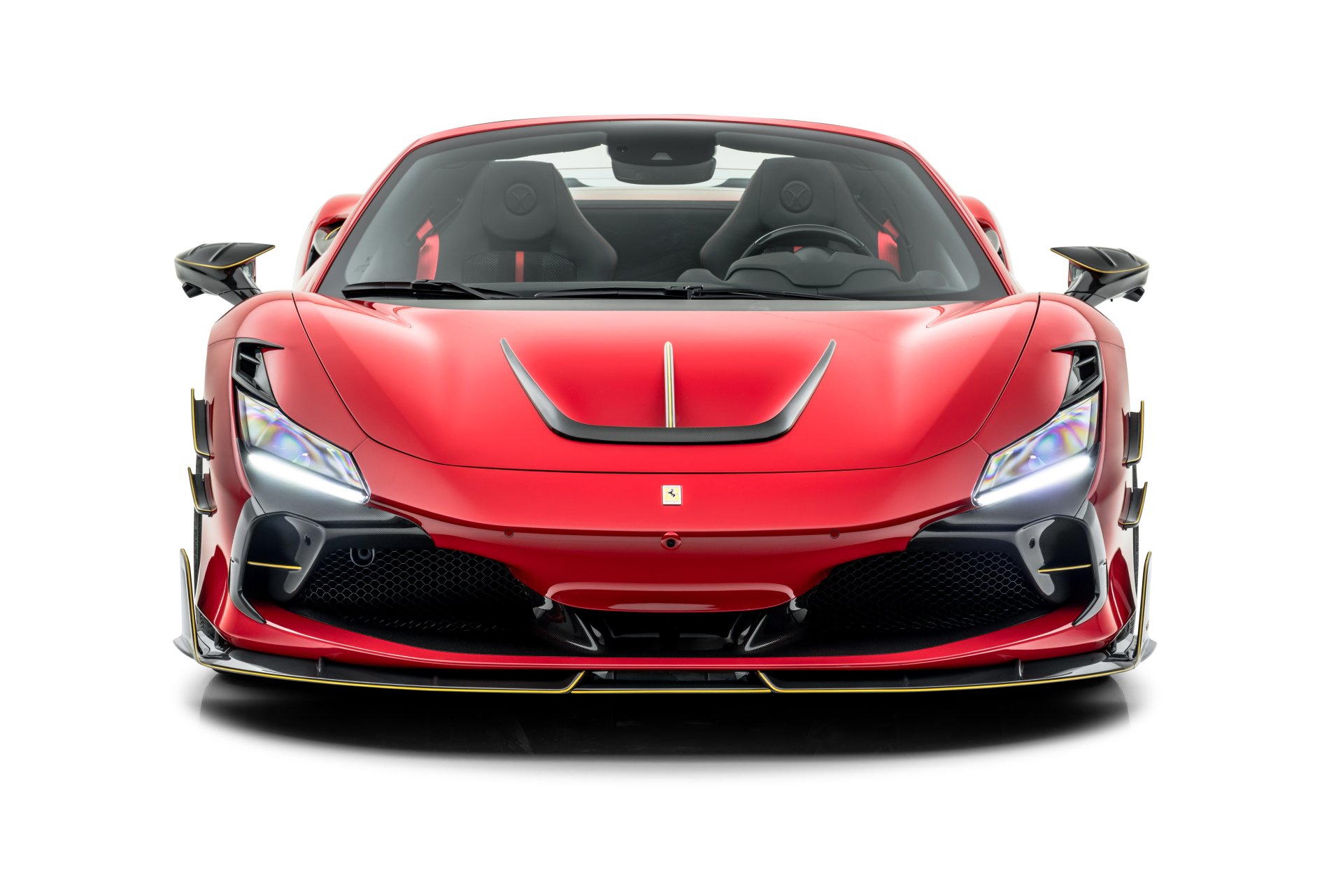 Front-facing red Ferrari F8 Spider supercar on a white backdrop, 5K Ultra HD PC desktop wallpaper.