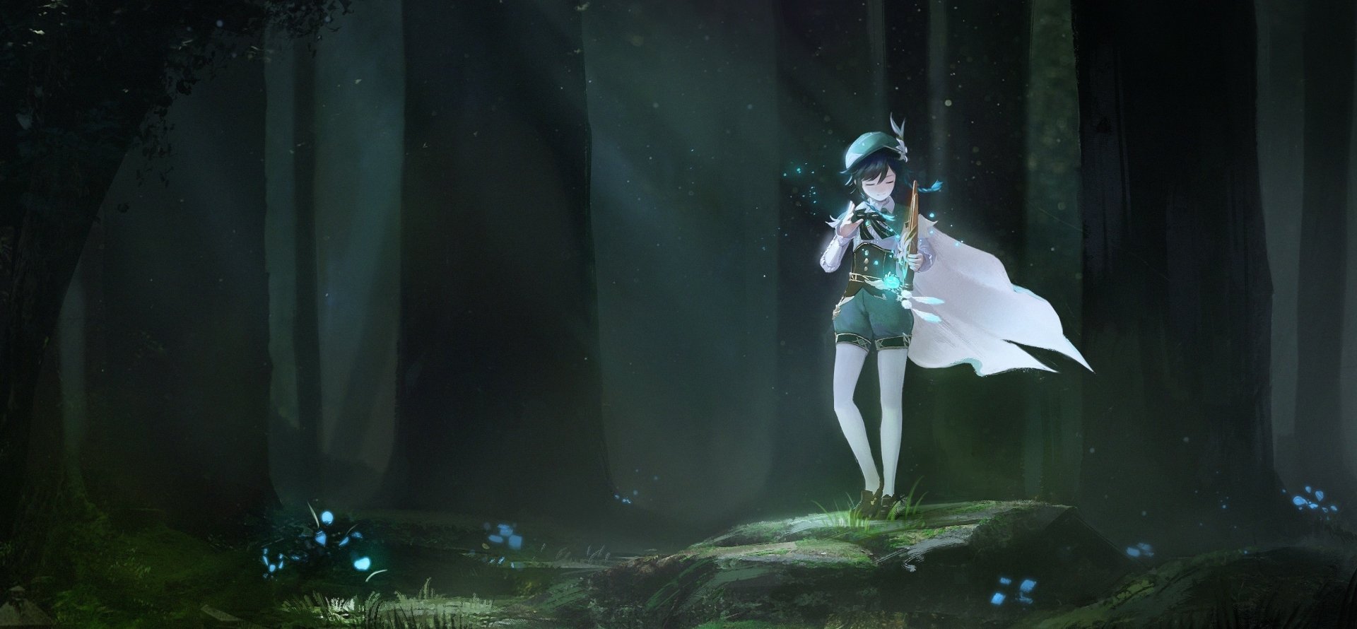 HD PC desktop wallpaper of Venti from Genshin Impact playing a flute in a mystical, dimly lit forest with glowing blue butterflies around.