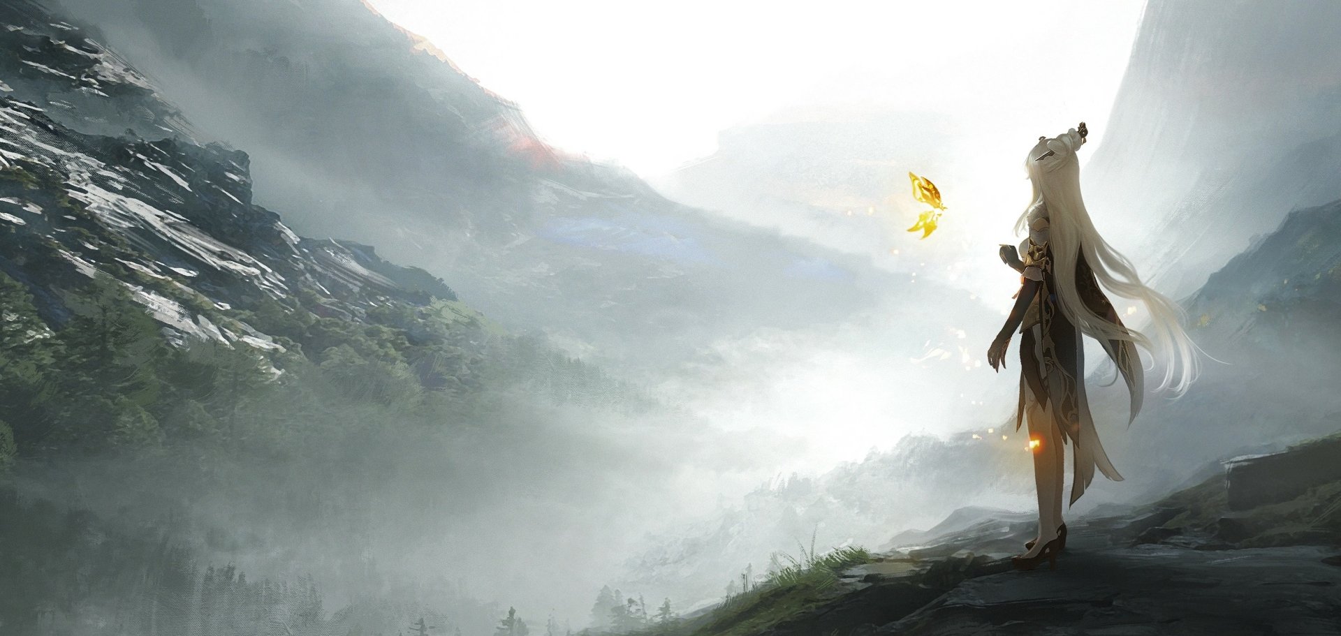 A serene HD wallpaper featuring Ningguang from Genshin Impact, standing amidst misty mountains and soft light, with a butterfly fluttering nearby, capturing the game's enchanting atmosphere.