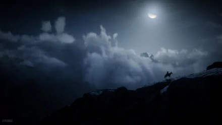 4K Ultra HD PC wallpaper featuring a lone rider silhouetted against a moonlit sky with dramatic clouds, capturing the atmospheric mood of Red Dead Redemption 2.