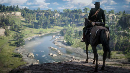 4K Ultra HD PC wallpaper from the video game Red Dead Redemption 2, showing a lone cowboy on horseback overlooking a scenic river valley with lush greenery.