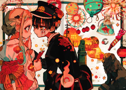 Anime-style 4K Ultra HD wallpaper featuring Yashiro Nene and Hanako-kun from Toilet-bound Hanako-kun surrounded by colorful lanterns and festive decorations.