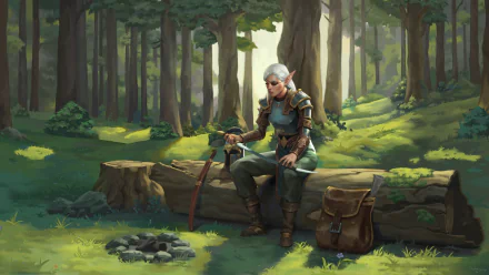A fantasy woman warrior elf with pointed ears and an eye patch sits on a log in a sunlit forest, gripping a sword with a bag nearby.