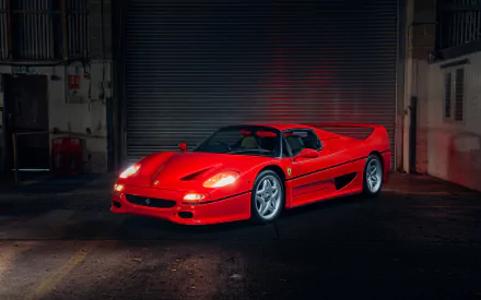 Red Ferrari F50 supercar vehicle in a dim industrial garage, rendered as a 4K Ultra HD PC desktop wallpaper background.