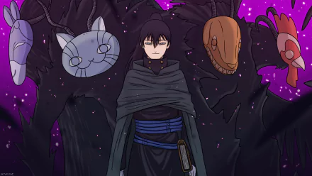 HD PC desktop wallpaper of Nacht (Black Clover): anime portrait of him cloaked before shadowy, mask-like demons against a purple, starry background.