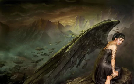 HD wallpaper featuring a fantasy scene with an angelic figure, adorned with dark wings, sitting on a rocky ledge against a mystical mountainous backdrop.