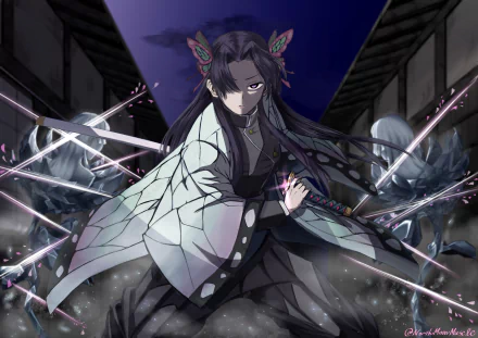 Kanae Kocho from Demon Slayer: Kimetsu no Yaiba is depicted in a dynamic 4K Ultra HD anime wallpaper, featuring her poised with swords in a dark, intense setting.