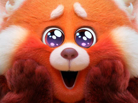 HD desktop wallpaper featuring the close-up of the red panda from the movie Turning Red with expressive, wide eyes and a joyful expression.