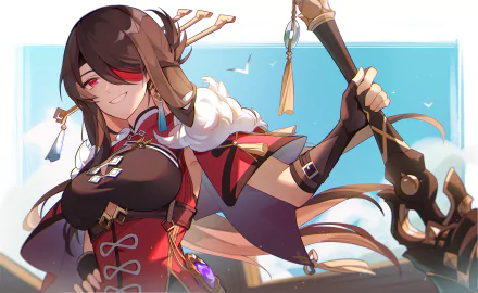 HD PC desktop wallpaper featuring Beidou from the video game Genshin Impact, showcasing her confident pose with the sea and sky in the background.