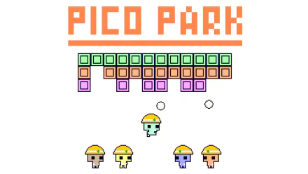 HD desktop wallpaper of the game PICO PARK featuring pixelated characters and colorful blocks against a plain background.
