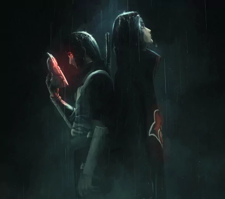 HD PC desktop wallpaper featuring Itachi Uchiha from Naruto, showing him with intense red eyes and Akatsuki cloak in a dark, moody atmosphere.