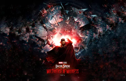 HD wallpaper featuring a dramatic scene from Doctor Strange in the Multiverse of Madness with Benedict Cumberbatch as Doctor Strange, set against a fractal, mystical backdrop.